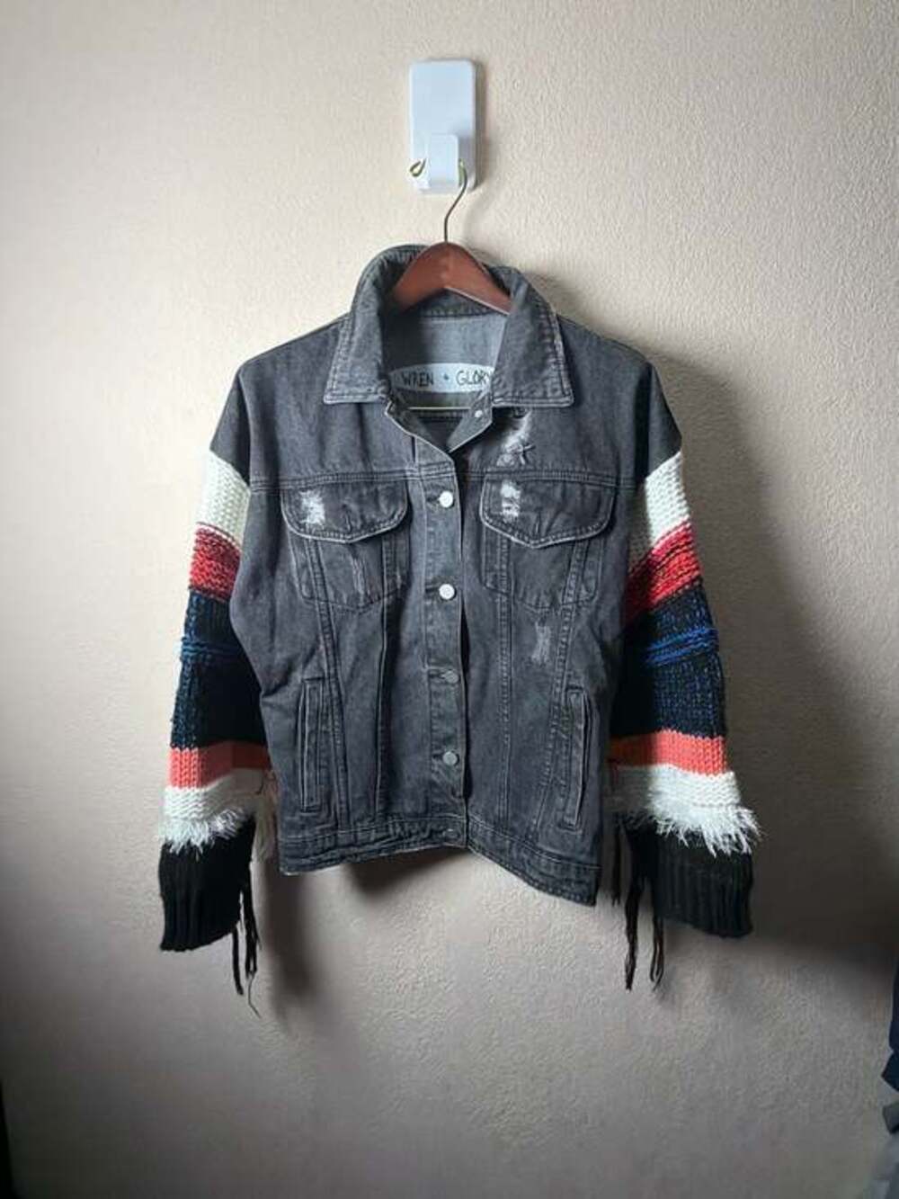 Wren + Glory Distressed Denim Jacket‎ with Multi-Color Knit Fringed Sleeves